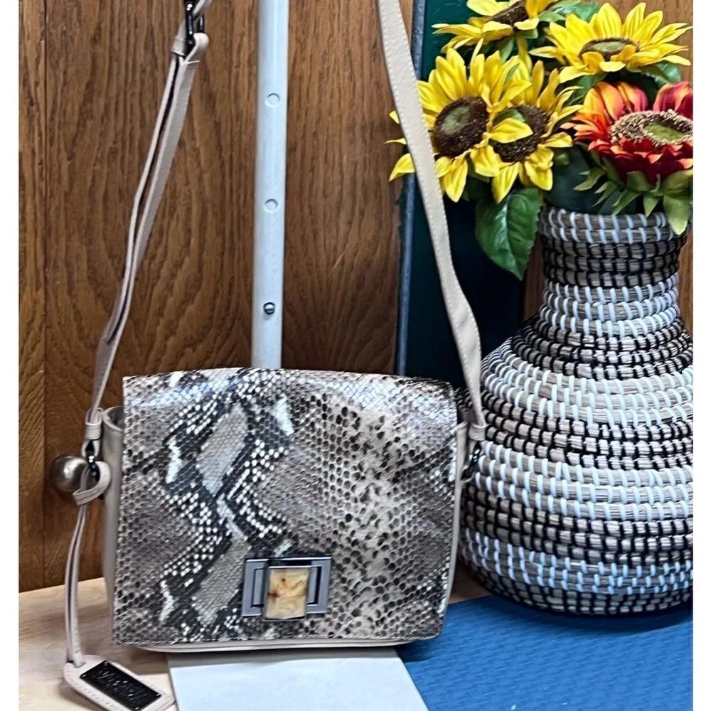 Brand New Tan Leather &  Snakeskin  Crossbody With Agate Stone Closure